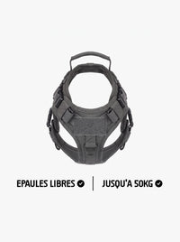 Harnais tactique chien gris pour gros chien, gilet avec épaules libres, panneau velcro, poignée dorsale et boucles de réglage