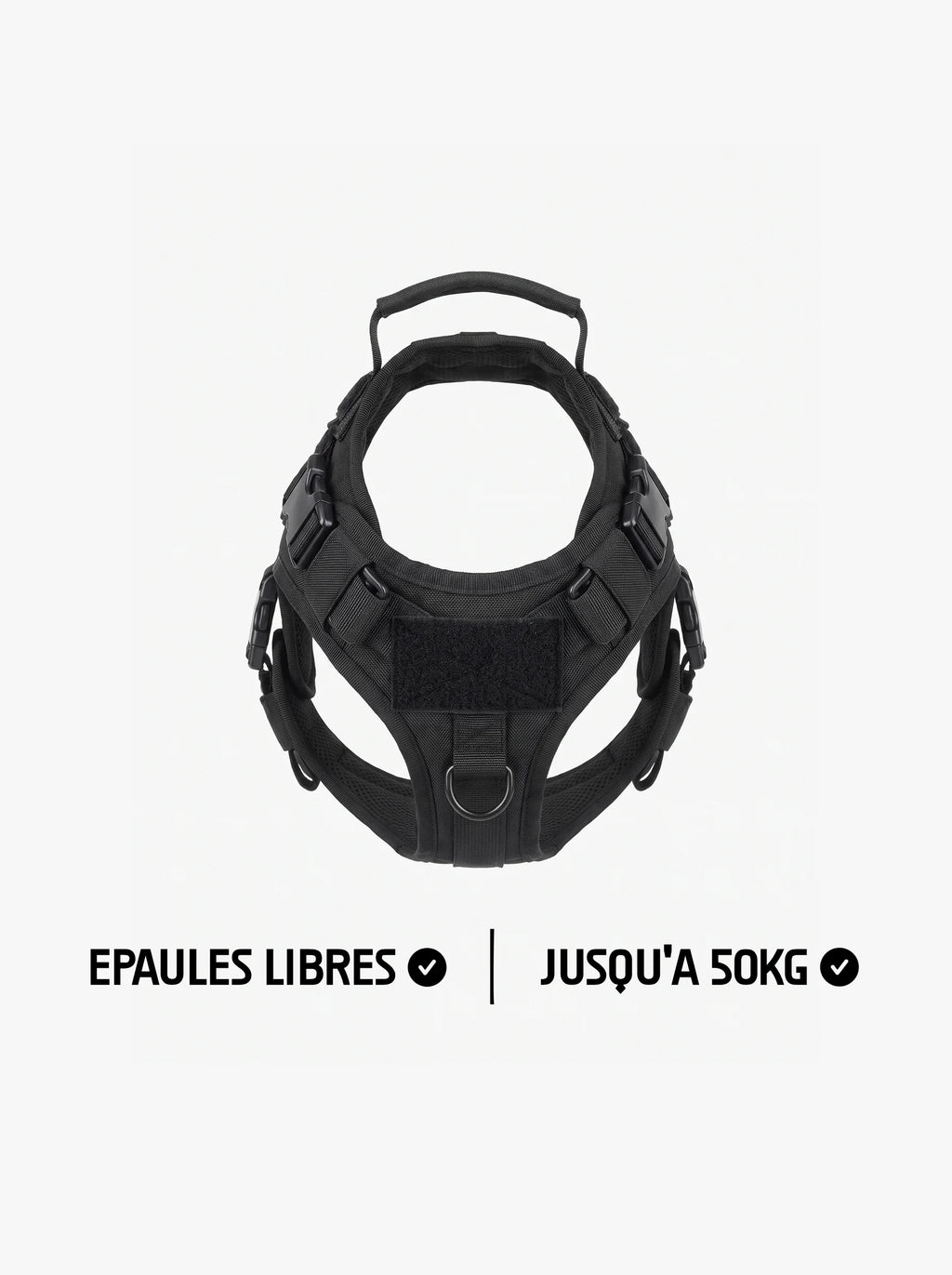 Harnais tactique chien noir pour gros chien, gilet avec épaules libres, panneau velcro, poignée dorsale et boucles de réglage