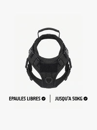 Harnais tactique chien noir pour gros chien, gilet avec épaules libres, panneau velcro, poignée dorsale et boucles de réglage