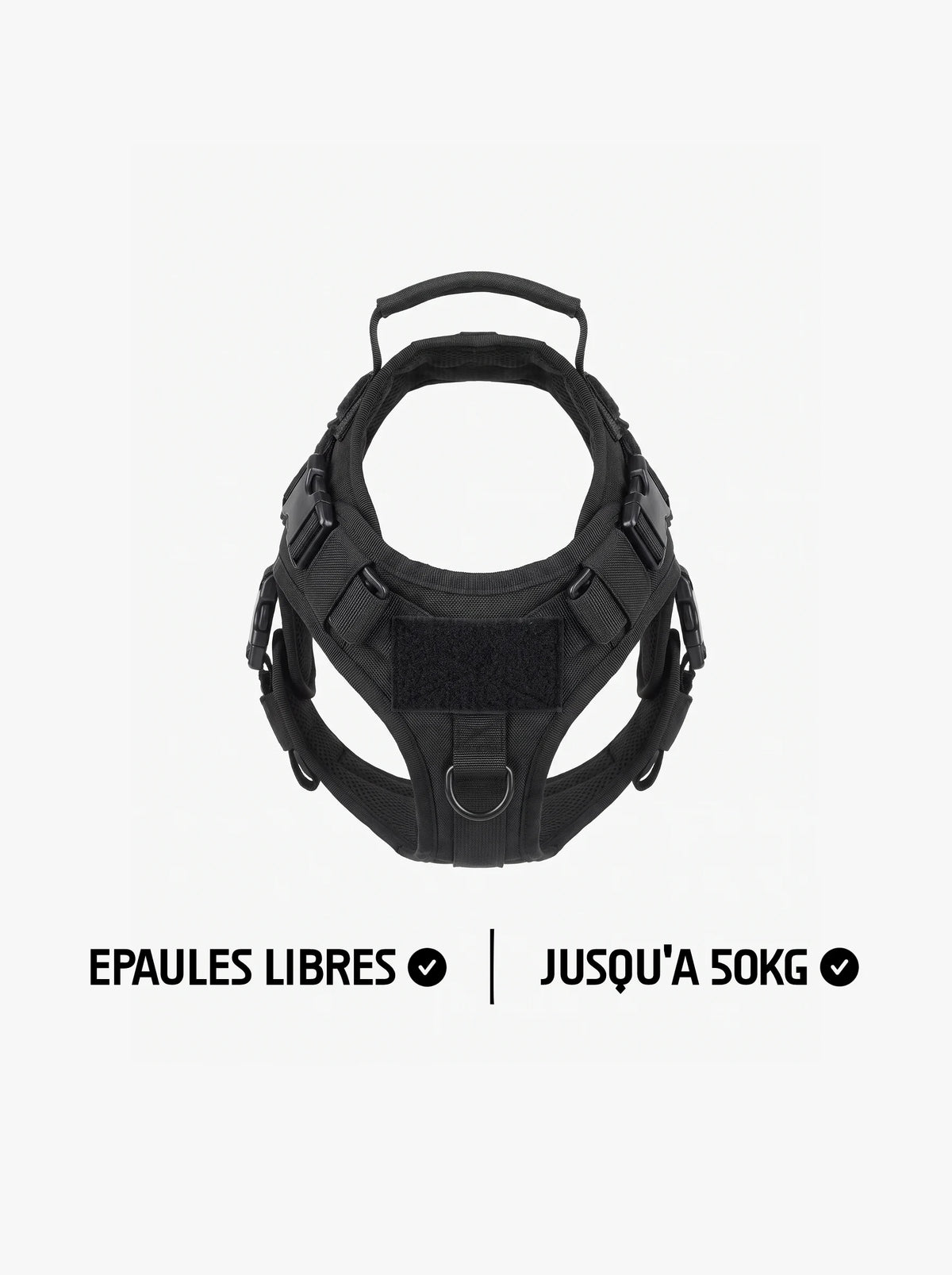 Harnais tactique chien noir pour gros chien, gilet avec épaules libres, panneau velcro, poignée dorsale et boucles de réglage