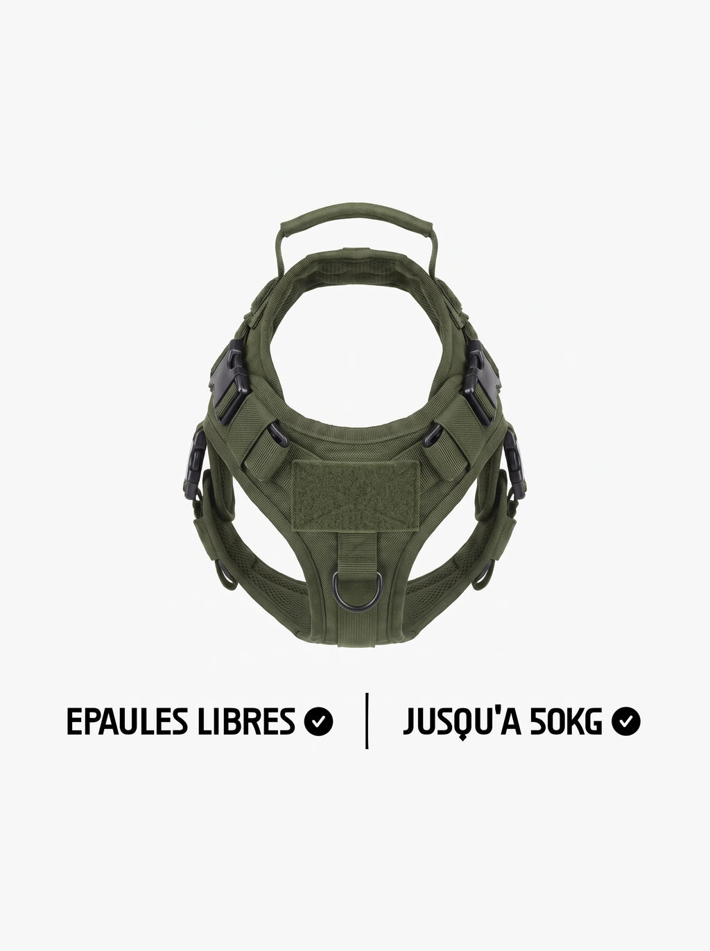 Harnais tactique chien vert pour gros chien, gilet avec épaules libres, panneau velcro, poignée dorsale et boucles de réglage