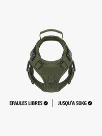 Harnais tactique chien vert pour gros chien, gilet avec épaules libres, panneau velcro, poignée dorsale et boucles de réglage