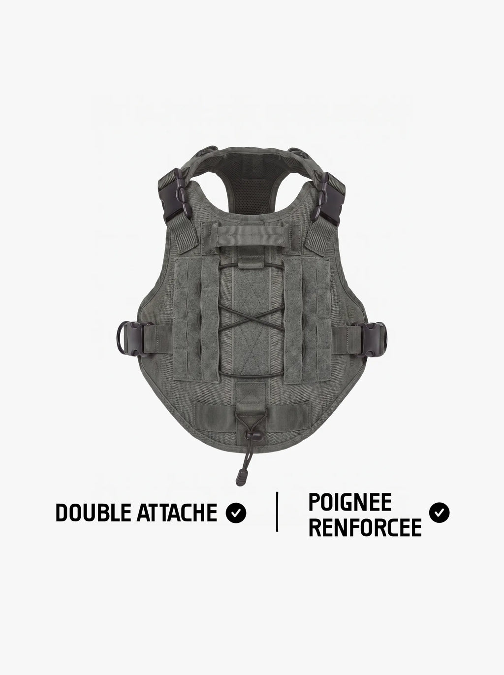 Harnais tactique chien gris vu de dos, poignée dorsale renforcée, panneaux MOLLE et double attache