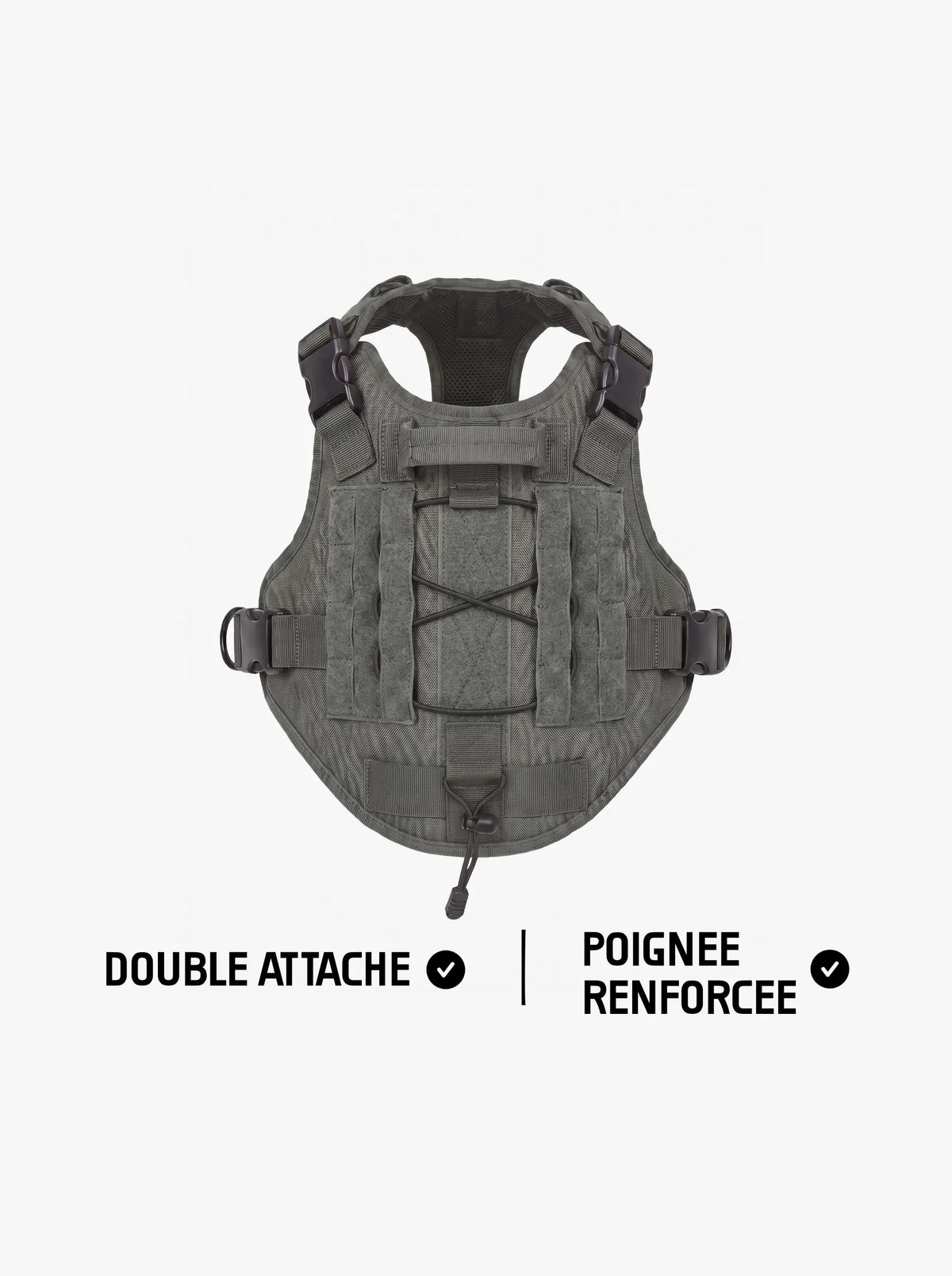 Harnais tactique chien gris vu de dos, poignée dorsale renforcée, panneaux MOLLE et double attache