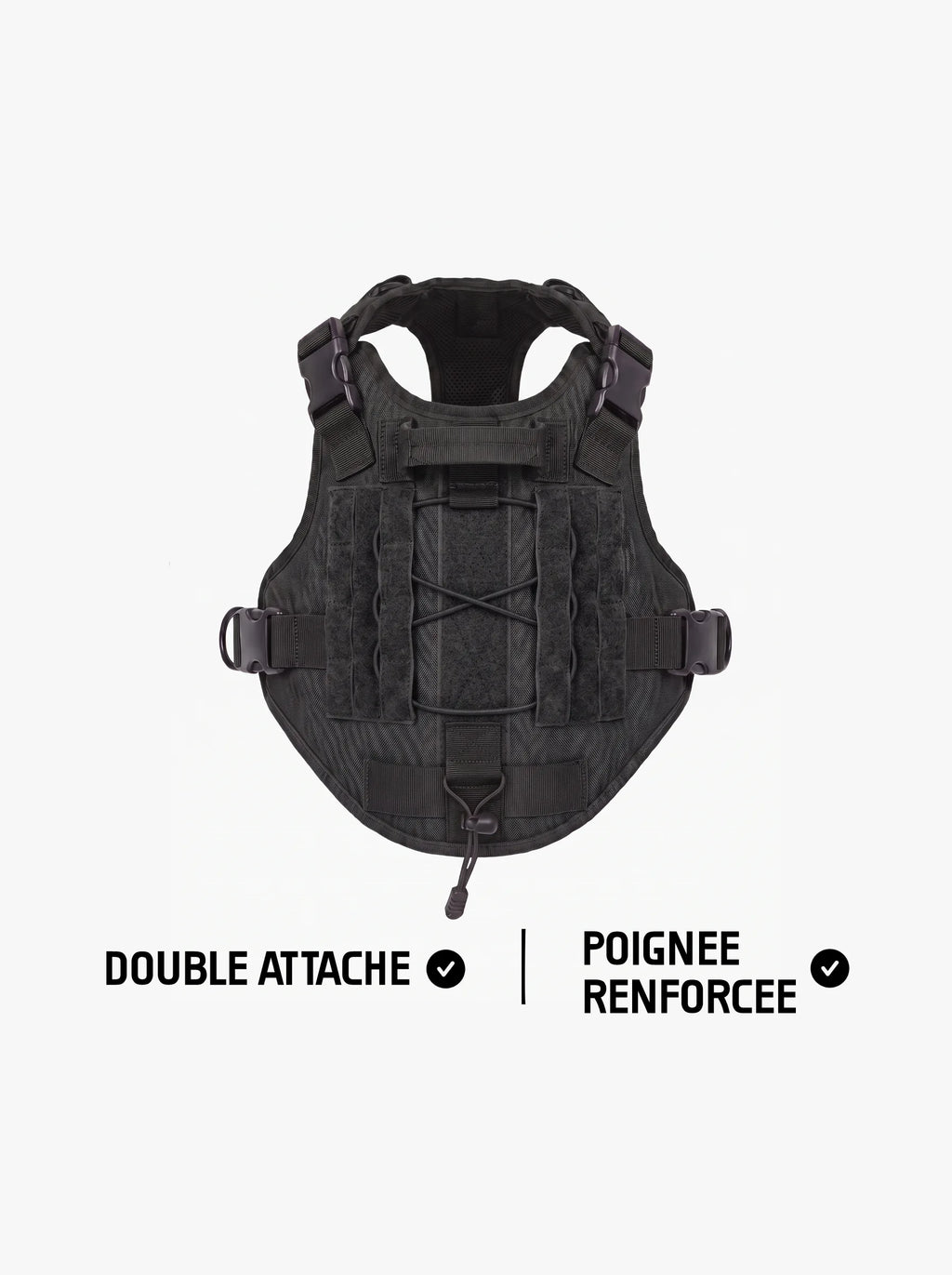 Harnais tactique chien noir vu de dos, poignée dorsale renforcée, panneaux MOLLE et double attache