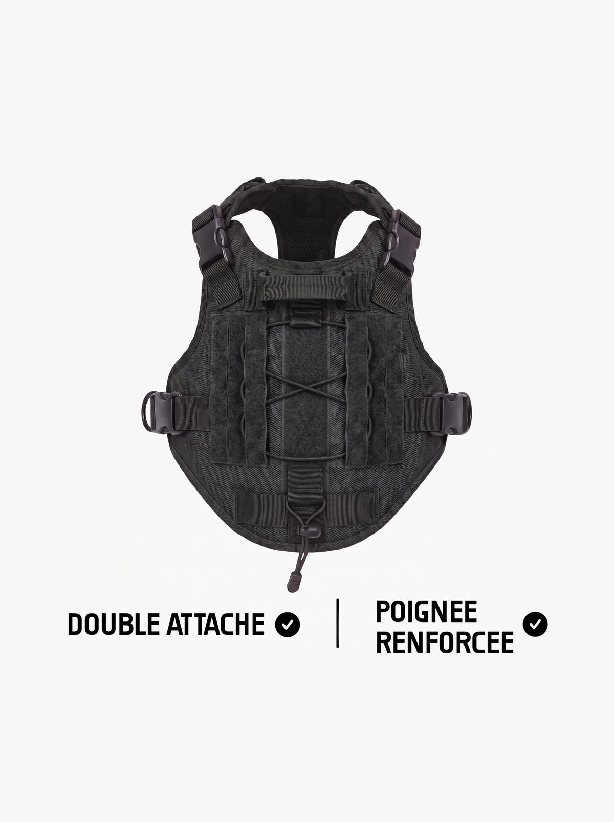 Harnais tactique chien noir vu de dos, poignée dorsale renforcée, panneaux MOLLE et double attache