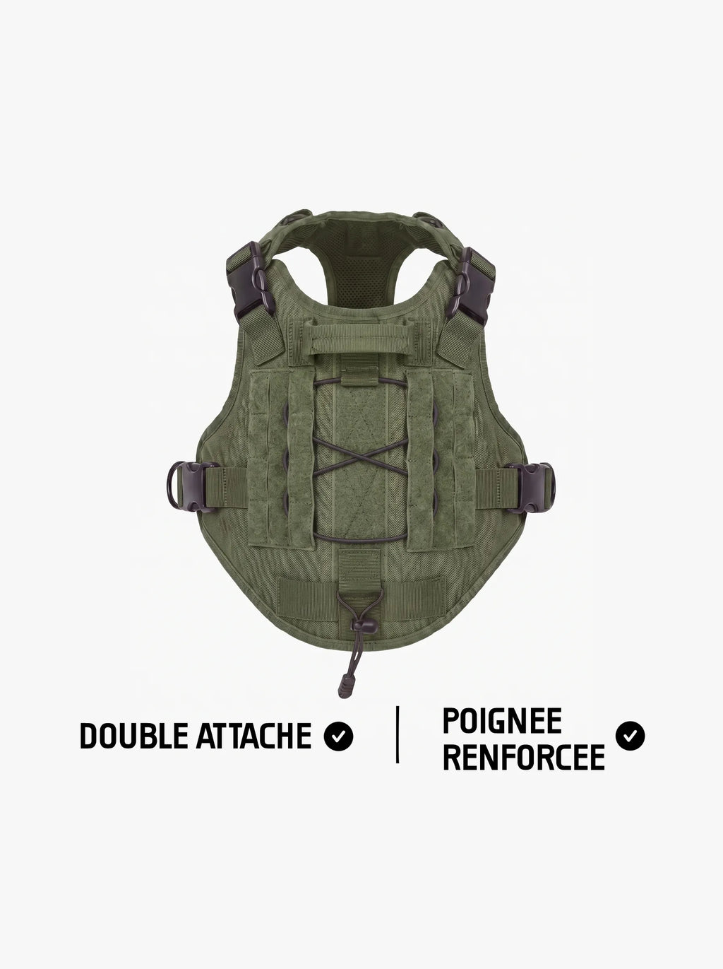 Harnais tactique chien vert vu de dos, poignée dorsale renforcée, panneaux MOLLE et double attache