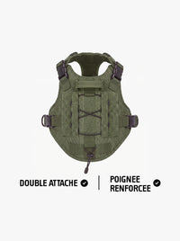 Harnais tactique chien vert vu de dos, poignée dorsale renforcée, panneaux MOLLE et double attache