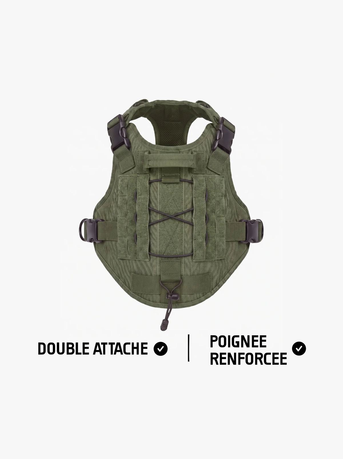 Harnais tactique chien vert vu de dos, poignée dorsale renforcée, panneaux MOLLE et double attache