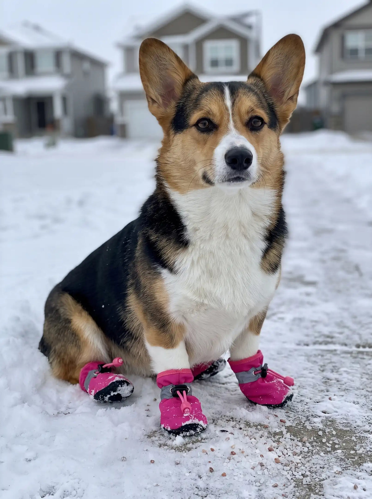 Corgi portant les bottines d'hiver KARN Frost rose sur un trottoir enneigé en ville