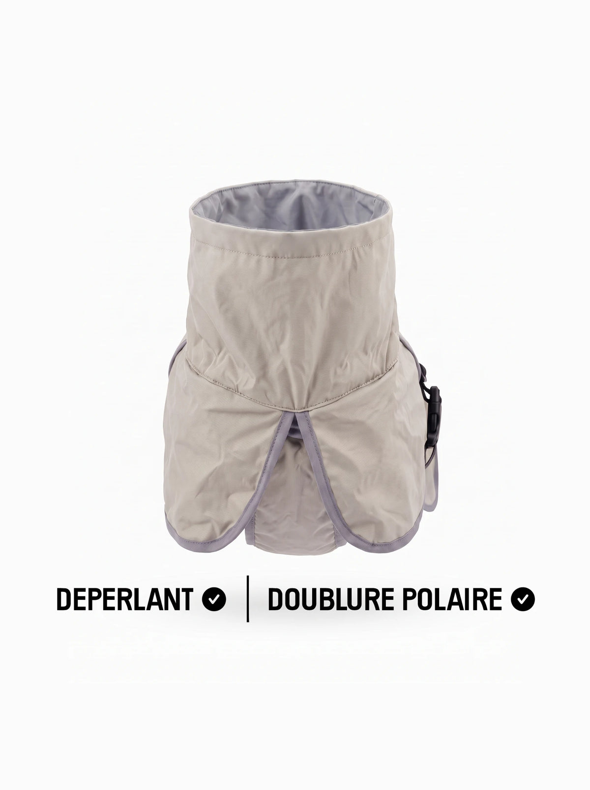 Manteau chien beige KARN Nord, vue du col montant, extérieur déperlant et doublure polaire