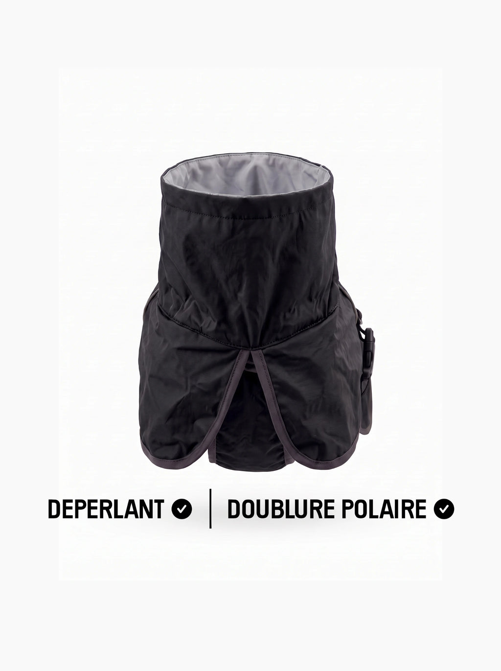 Manteau chien noir KARN Nord, vue du col montant, extérieur déperlant et doublure polaire