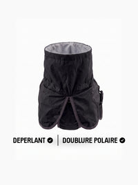Manteau chien noir KARN Nord, vue du col montant, extérieur déperlant et doublure polaire