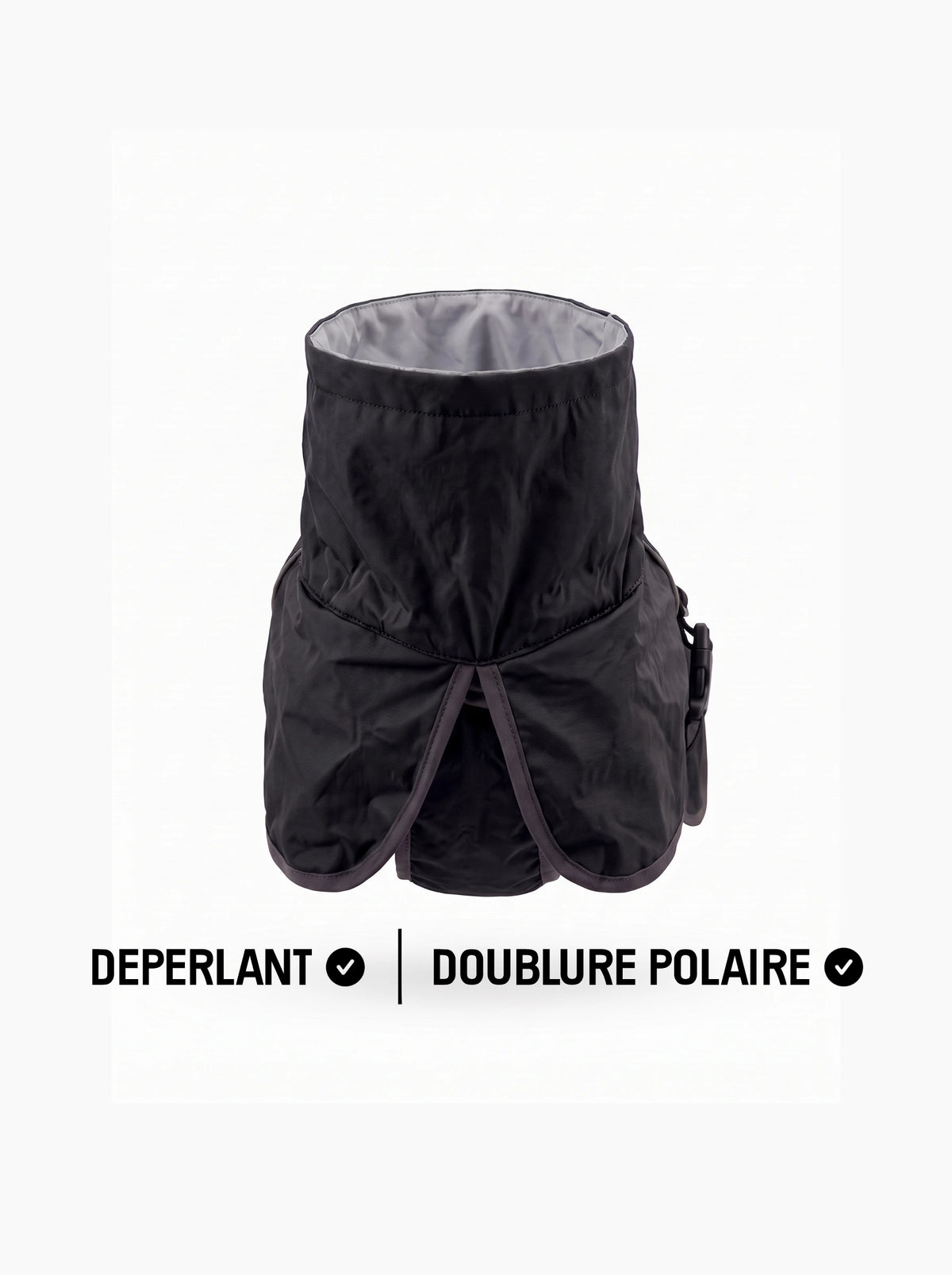 Manteau chien noir KARN Nord, vue du col montant, extérieur déperlant et doublure polaire
