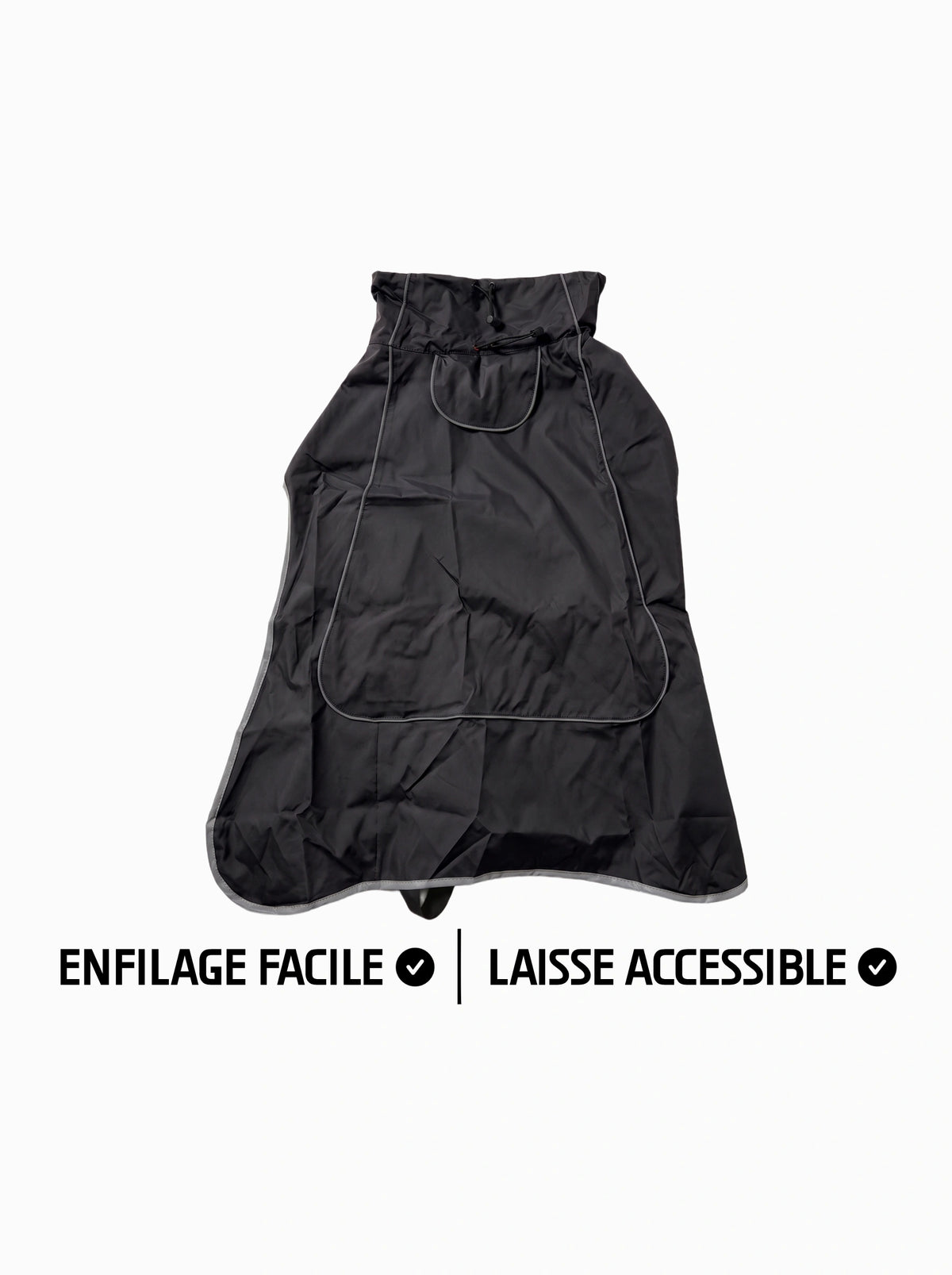 Manteau chien noir KARN Nord, vue du dos à plat, enfilage facile et ouverture pour la laisse