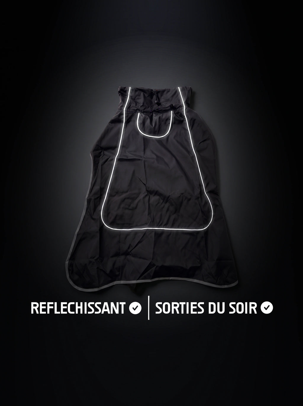 Manteau chien noir avec liseré réfléchissant qui brille sous la lumière, pour les sorties du soir