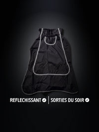 Manteau chien noir avec liseré réfléchissant qui brille sous la lumière, pour les sorties du soir