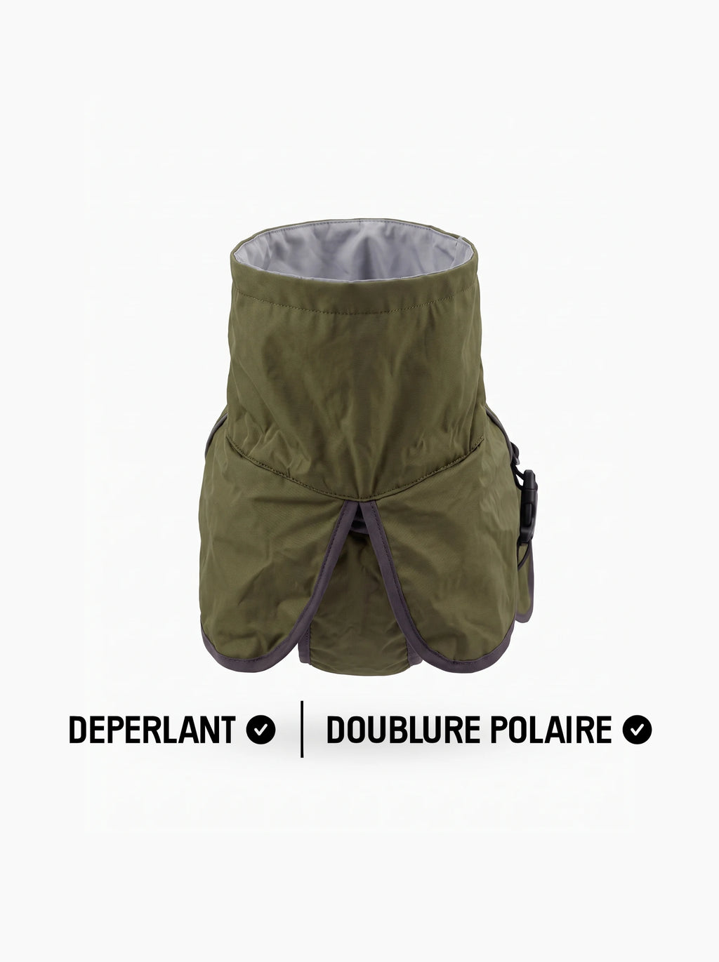 Manteau chien vert KARN Nord, vue du col montant, extérieur déperlant et doublure polaire