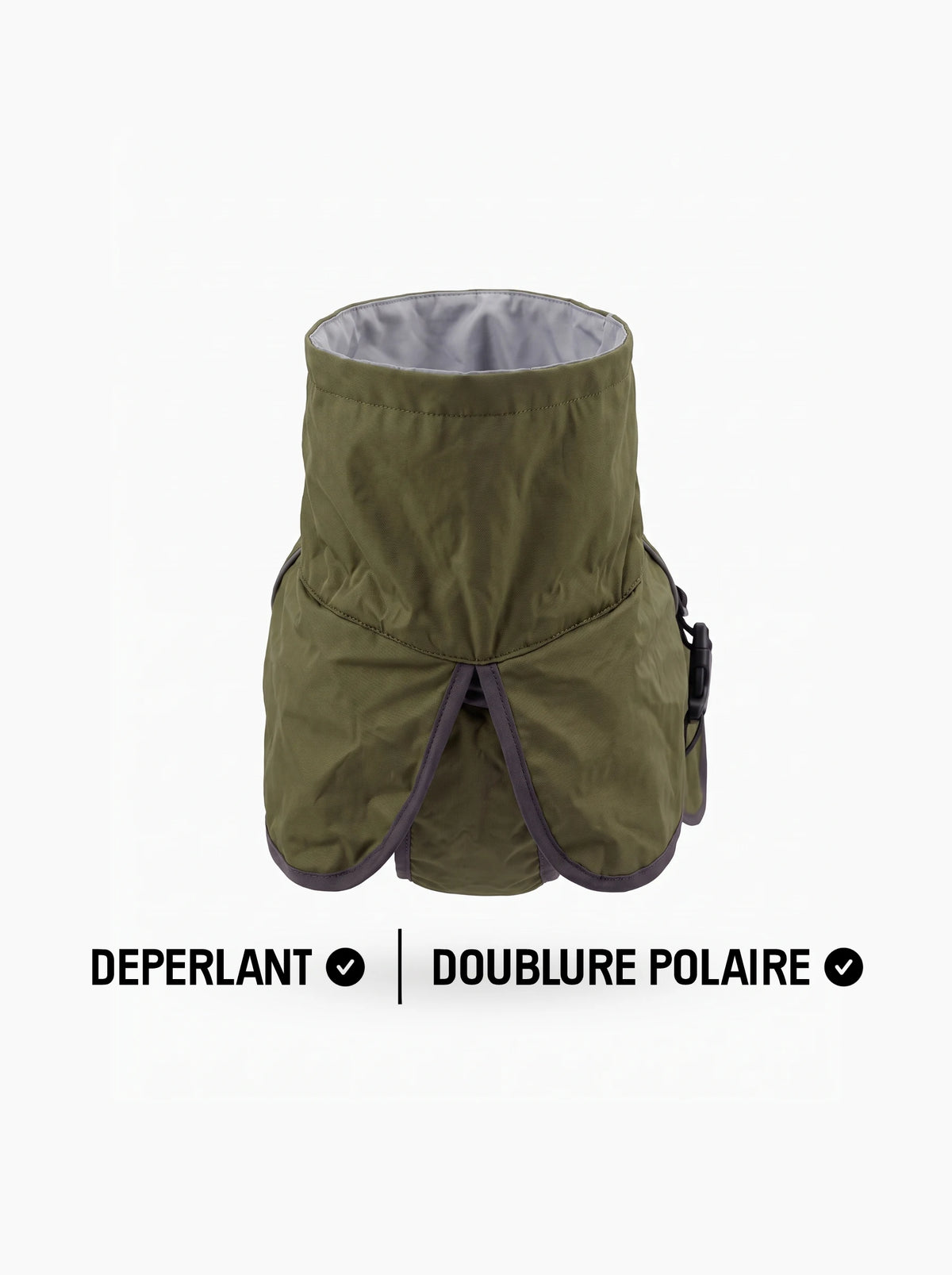 Manteau chien vert KARN Nord, vue du col montant, extérieur déperlant et doublure polaire