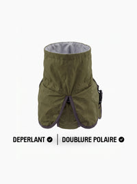 Manteau chien vert KARN Nord, vue du col montant, extérieur déperlant et doublure polaire