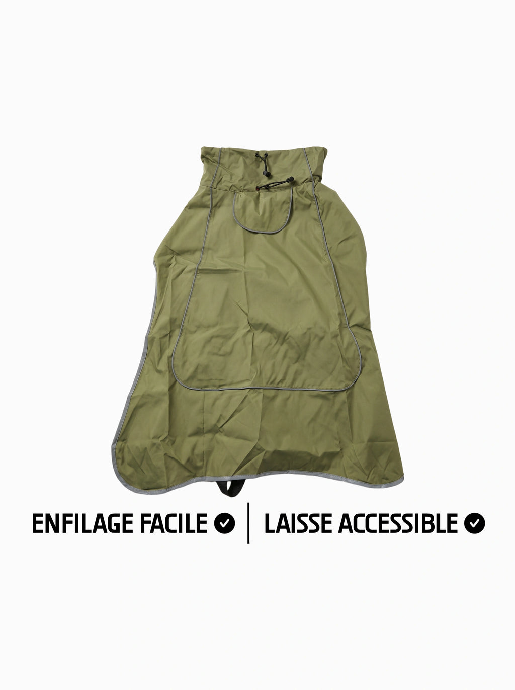 Manteau chien vert KARN Nord, vue du dos à plat, enfilage facile et ouverture pour la laisse