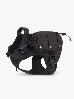 Pochette tactique MOLLE noire sur harnais militaire chien noir