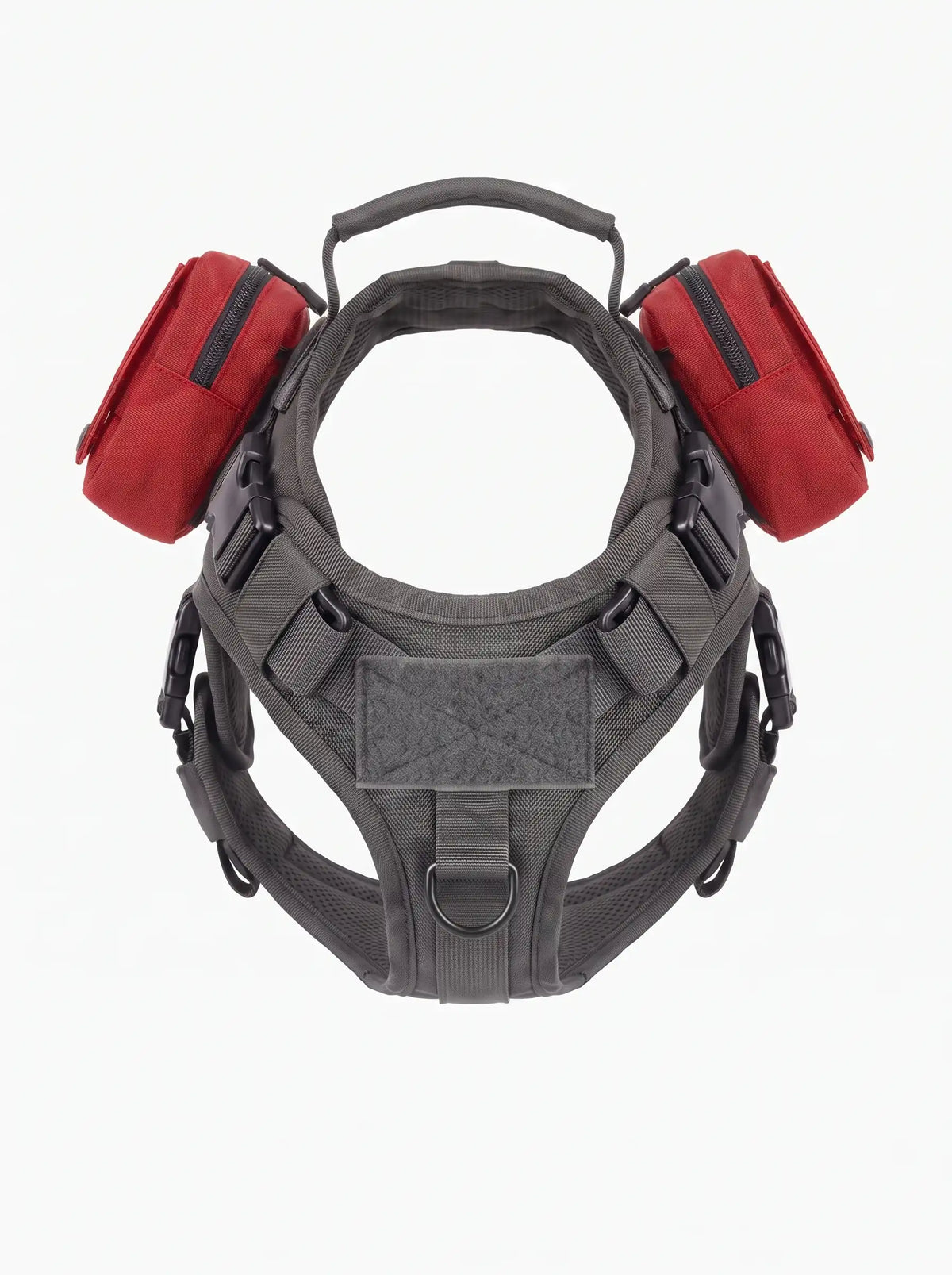 Deux pochettes tactiques MOLLE rouges sur harnais militaire chien gris