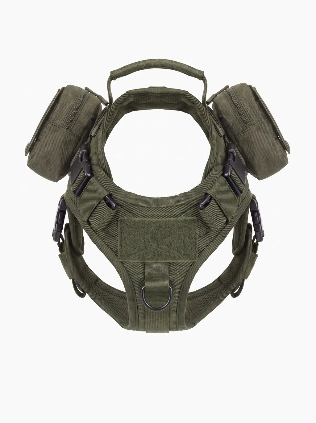Deux pochettes tactiques MOLLE vert olive montées de chaque côté du harnais tactique chien KARN Field, vue de face
