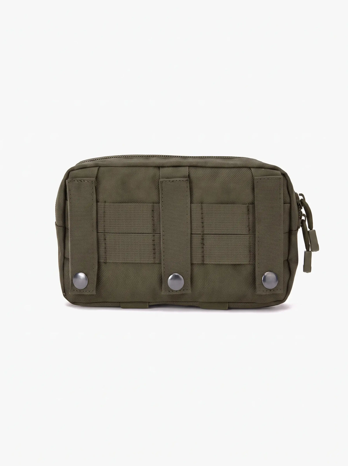 Dos de la pochette tactique MOLLE vert olive avec 3 sangles de fixation à boutons pression