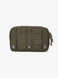 Dos de la pochette tactique MOLLE vert olive avec 3 sangles de fixation à boutons pression
