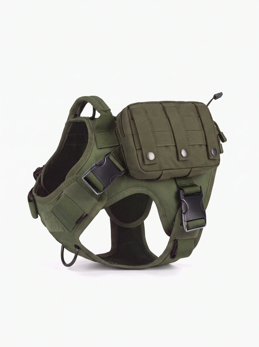 Pochette tactique MOLLE vert olive fixée sur le harnais tactique chien KARN Field