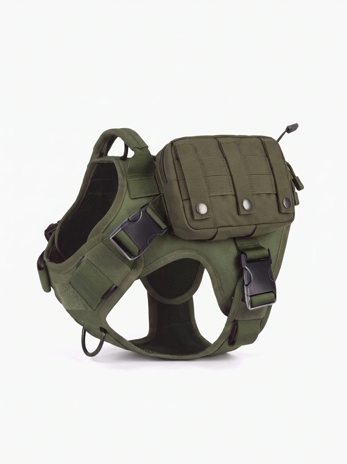 Pochette tactique MOLLE vert olive fixée sur le harnais tactique chien KARN Field