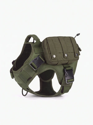Pochette tactique MOLLE vert olive fixée sur le harnais tactique chien KARN Field