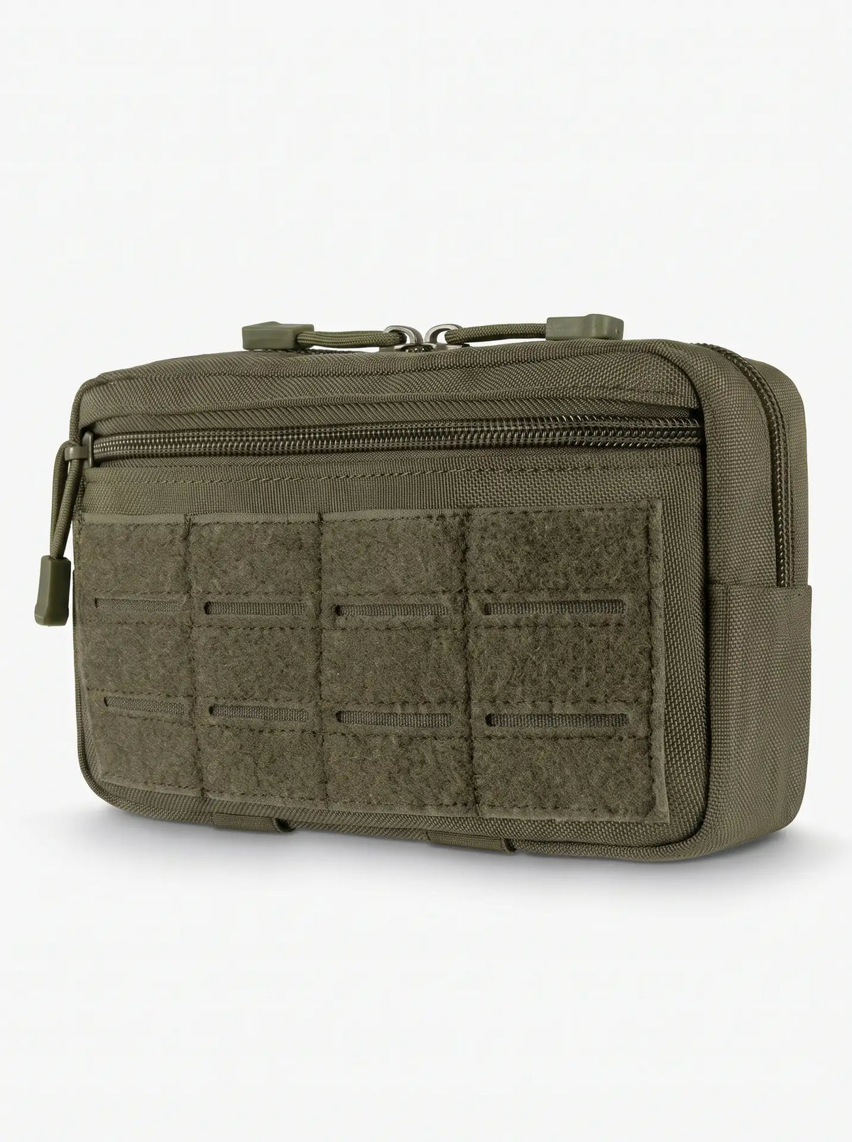 Pochette tactique MOLLE vert olive KARN Pack vue de trois quarts, panneau velcro frontal à fentes laser et zip principal