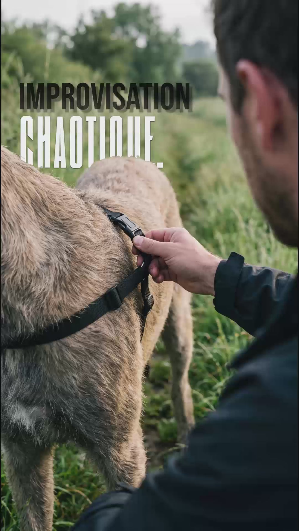 Propriétaire ajustant un harnais mal adapté sur un grand chien en extérieur