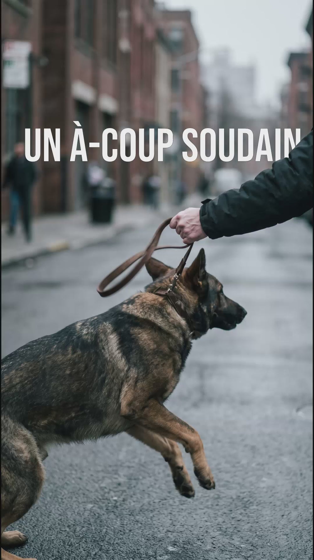Berger allemand tirant sur laisse et collier en pleine rue, risque de blessure à l'épaule sans harnais anti traction chien