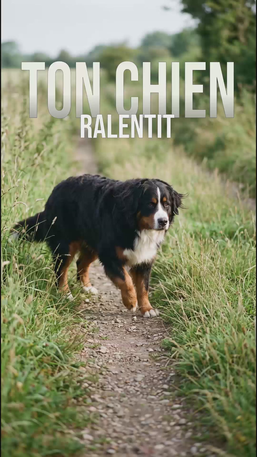 Chien bernois qui ralentit sur un sentier lors d'une sortie